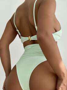 罗纹比基尼套装镂空无钢圈文胸上衣和高腰比基尼下装 2 件套比基尼夏季海滩 - 綠色 - 查看 2