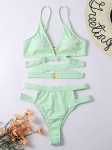 罗纹比基尼套装镂空无钢圈文胸上衣和高腰比基尼下装 2 件套比基尼夏季海滩 - 綠色 - 查看 3