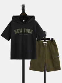 SHEIN Boys Letter Graphic Hooded Tee & Drawstring Waist Shorts - Army Green - View 1