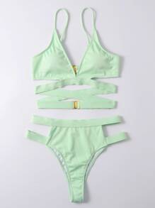 罗纹比基尼套装镂空无钢圈文胸上衣和高腰比基尼下装 2 件套比基尼夏季海滩 - 綠色 - 查看 4