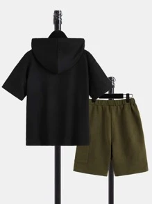 SHEIN Boys Letter Graphic Hooded Tee & Drawstring Waist Shorts - Army Green - View 2