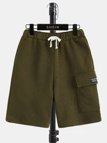 SHEIN Boys Letter Graphic Hooded Tee & Drawstring Waist Shorts - Army Green - View 4