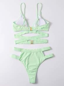 罗纹比基尼套装镂空无钢圈文胸上衣和高腰比基尼下装 2 件套比基尼夏季海滩 - 綠色 - 查看 5