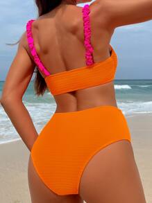 荷葉邊高腰夏季沙灘比基尼套裝 - 橘色 - 查看 4