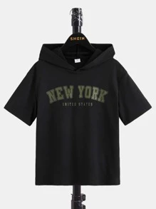 SHEIN Boys Letter Graphic Hooded Tee & Drawstring Waist Shorts - Army Green - View 8