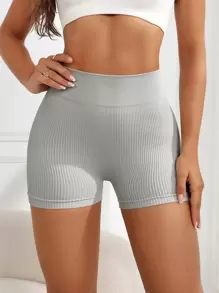 SHEIN Sports 纯色罗纹针织宽带腰运动短裤高腰短裤女士运动短裤、健身短裤、骑行短裤 - 淺灰色 - 查看 5