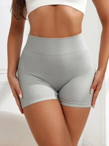 SHEIN Sports 纯色罗纹针织宽带腰运动短裤高腰短裤女士运动短裤、健身短裤、骑行短裤 - 淺灰色 - 查看 6