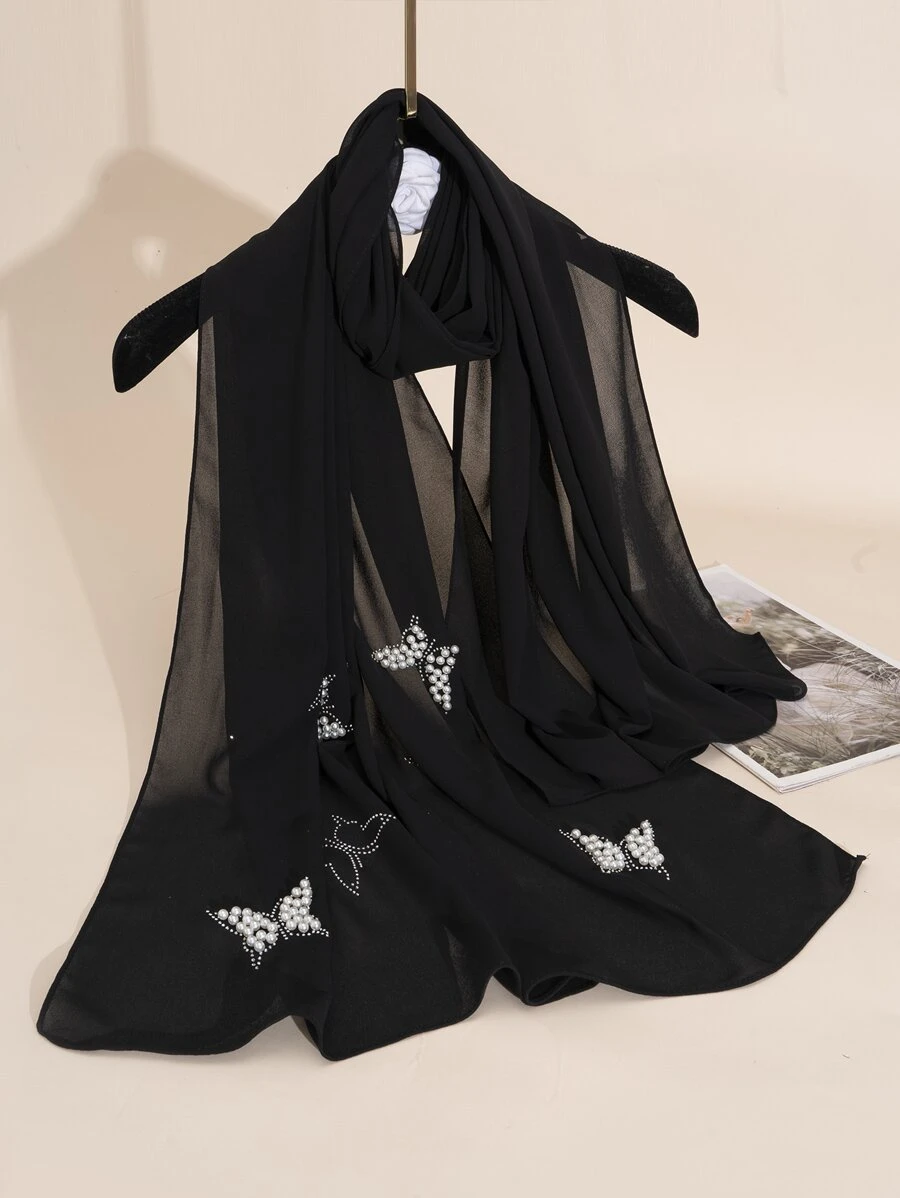 1 chiếc khăn choàng/khăn quàng cổ bằng vải chiffon nhẹ, thanh lịch, đính hạt hình bướm, đá pha lê và ngọc trai, thích hợp cho các buổi tiệc tối và nhiều dịp khác nhau. - màu đen - Xem 1
