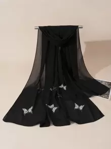 1 chiếc khăn choàng/khăn quàng cổ bằng vải chiffon nhẹ, thanh lịch, đính hạt hình bướm, đá pha lê và ngọc trai, thích hợp cho các buổi tiệc tối và nhiều dịp khác nhau. - màu đen - Xem 2