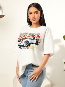 SHEIN SXY Car & Letter Graphic Drop Shoulder Oversized Tee - White - View 3