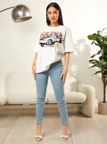 SHEIN SXY Car & Letter Graphic Drop Shoulder Oversized Tee - White - View 4