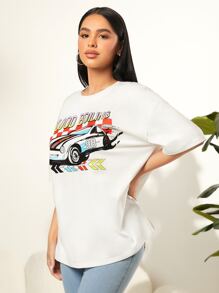 SHEIN SXY Car & Letter Graphic Drop Shoulder Oversized Tee - White - View 6