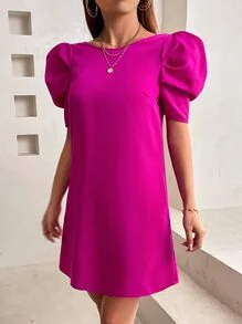 SHEIN PETITE 蝴蝶結露背泡泡袖連衣裙