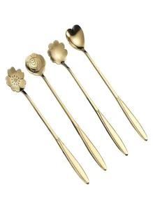 4pcs Coffee Scoop, Ice Cream Dessert Scoop, Stainless Steel Long Handle Mug Stirring Spoon - Gold - View 3