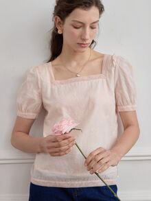 Simple Retro Blusa de cuello cuadrado de manga farol - Rosa Pálido - Ver 4
