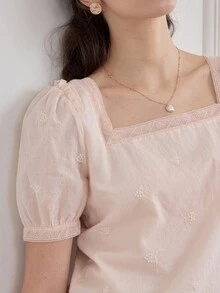 Simple Retro Blusa de cuello cuadrado de manga farol - Rosa Pálido - Ver 7