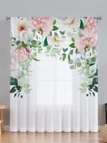 1pc Flower Pattern Sheer Panel Curtain, Pastoral Polyester Sheer Curtain For Kitchen, Bedroom And Living Room - Multicolor - View 1