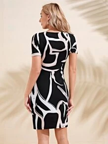 EMERY ROSE Graphic Print V Neck Dress - Black - View 2