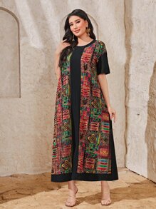 Al Najma Graphic Print Drop Shoulder Tunic Dress - Black - View 4