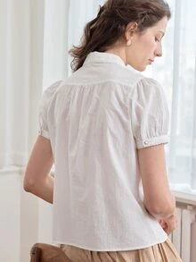 Simple Retro Floral Embroidery Button Front Shirt - White - View 3