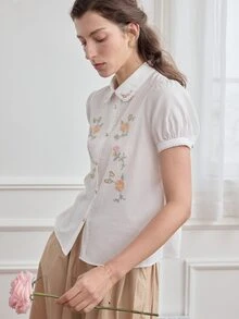 Simple Retro Floral Embroidery Button Front Shirt - White - View 4