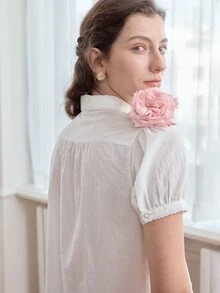 Simple Retro Floral Embroidery Button Front Shirt - White - View 5