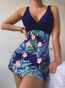 Swim Lushoire Random Tropical Print Tankini Set Knot Strap Longline Tank Top & Boxer Shorts 2 Piece Swimsuit,Summer Beach - Navy Blue - View 1