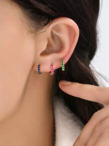 3入組方晶鋯石裝飾圓耳環 - 金黃色 - 查看 3