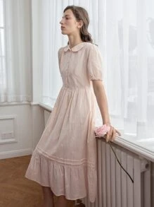 Simple Retro Đầm Thắt lưng Viên lá sen Nút phía trước màu trơn Dễ thương - Màu Hồng baby - Xem 2