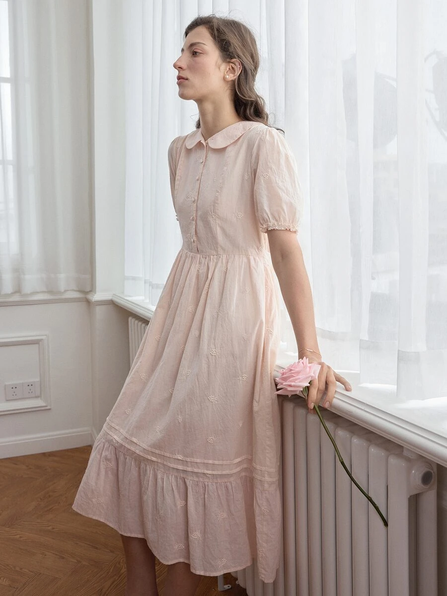 Simple Retro Đầm Thắt lưng Viên lá sen Nút phía trước màu trơn Dễ thương