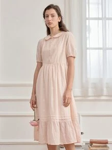 Simple Retro Đầm Thắt lưng Viên lá sen Nút phía trước màu trơn Dễ thương - Màu Hồng baby - Xem 4