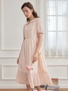 Simple Retro Đầm Thắt lưng Viên lá sen Nút phía trước màu trơn Dễ thương - Màu Hồng baby - Xem 6