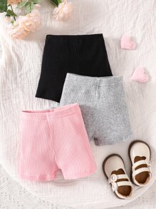 3 Pièces Shorts En Tricot Côtelé Solide Pour Bébé Fille