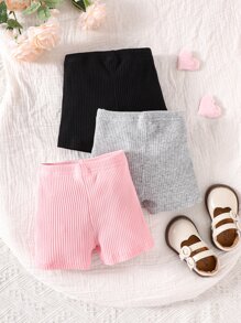 3 Pièces Shorts En Tricot Côtelé Solide Pour Bébé Fille