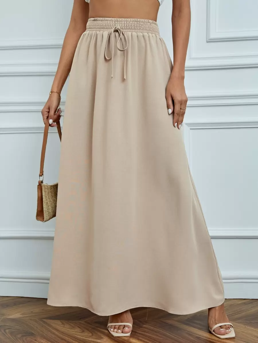 SHEIN Tall 净色抽绳腰部长裙 - 杏色 - 查看 1