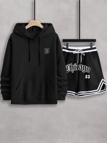 Aesthetic Post 男士字母圖案袋鼠口袋抽繩連帽衫和短褲 - 黑色 - 查看 1