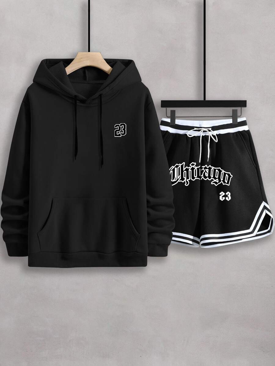 Aesthetic Post 男士字母圖案袋鼠口袋抽繩連帽衫和短褲 - 黑色 - 查看 1