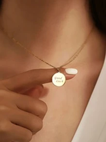 Letter Detail Round Charm Necklace - Yellow Gold - View 1