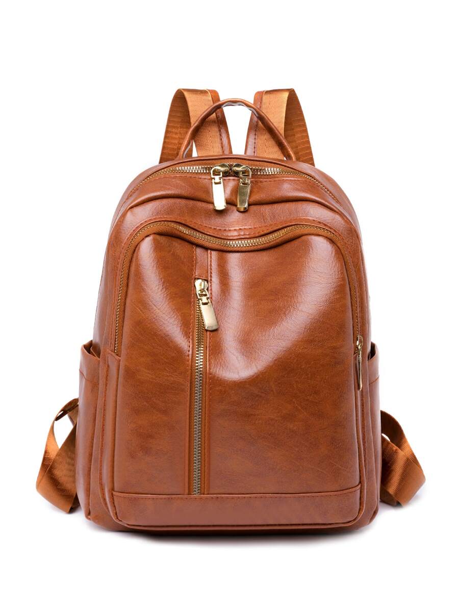 Minimalist Zip Front Classic Backpack for Women, Rookies & White-collar Workers - Brown - View 1