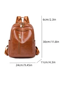 Minimalist Zip Front Classic Backpack for Women, Rookies & White-collar Workers - Brown - View 3