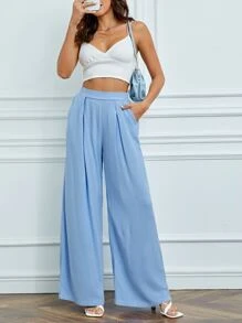 SHEIN Tall 素色闊腿褲 - 淺藍色 - 查看 1