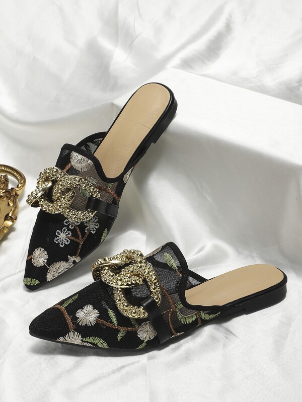 Mules plates femme à bout pointu élégantes en maille avec boucle métallique, motif aléatoire sur le dessus, convient pour le printemps et l'été