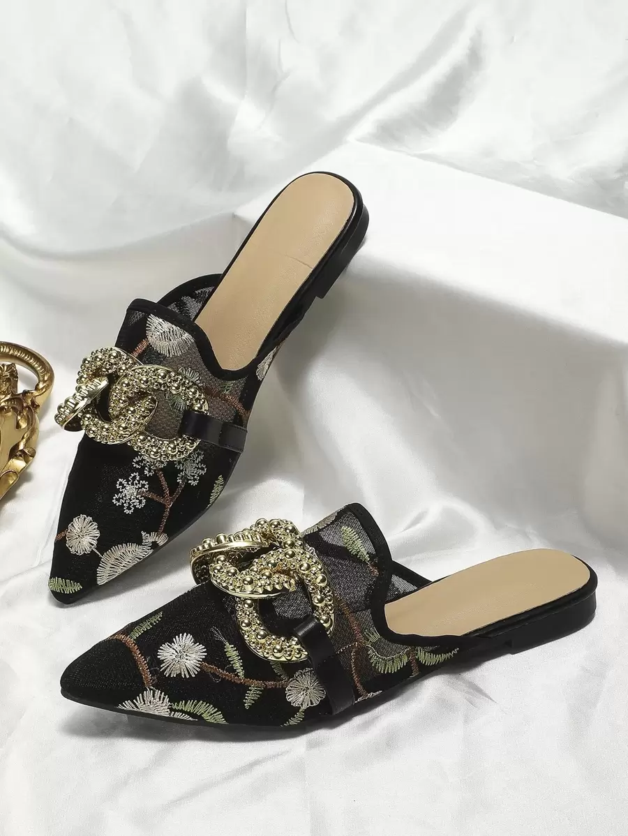 Women's Elegant Pointed Toe Flat Mesh Mules With Metal Buckle Accent, Random Pattern Vamp, Suitable For Spring And Summer - Multicolor - View 1