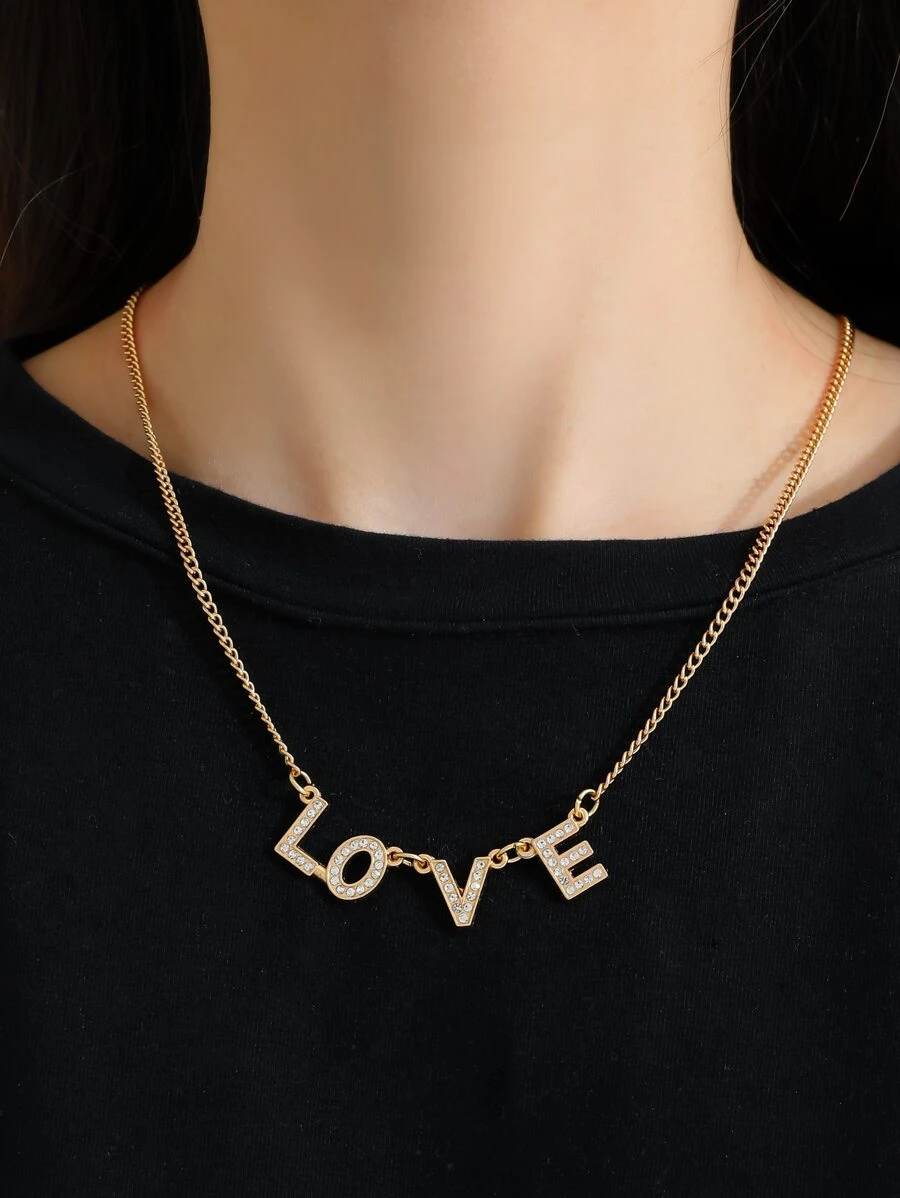 Rhinestone Letter Charm Necklace - Yellow Gold - View 1