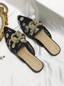 Women's Elegant Pointed Toe Flat Mesh Mules With Metal Buckle Accent, Random Pattern Vamp, Suitable For Spring And Summer - Multicolor - View 4