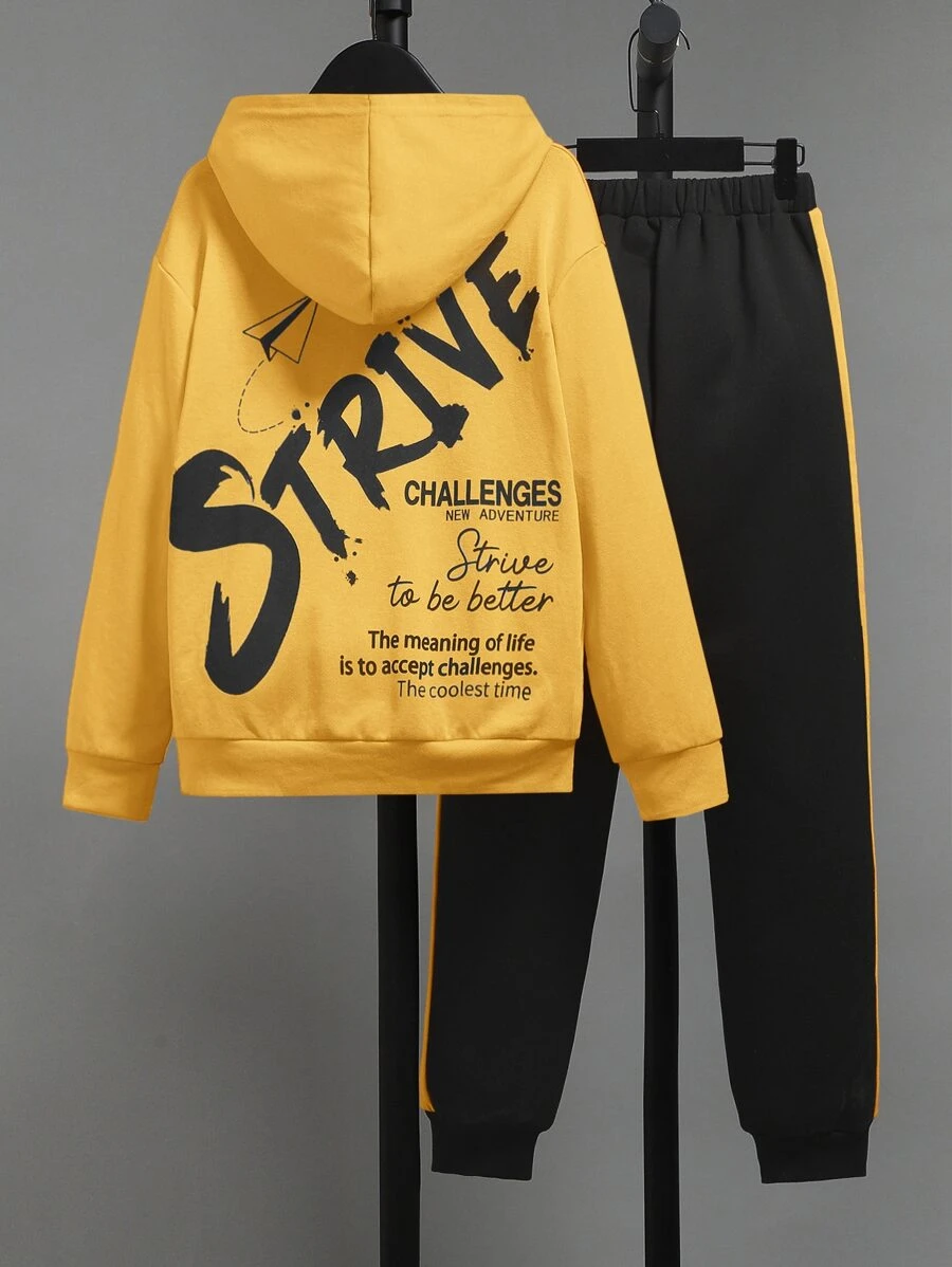 SHEIN 男孩標語圖案連帽衫和運動褲套裝 - 黃色 - 查看 1