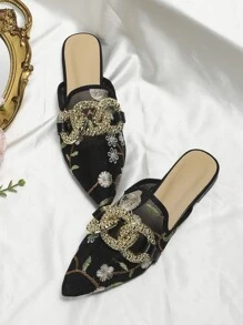 Women's Elegant Pointed Toe Flat Mesh Mules With Metal Buckle Accent, Random Pattern Vamp, Suitable For Spring And Summer - Multicolor - View 6