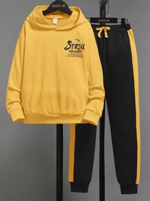 SHEIN 男孩標語圖案連帽衫和運動褲套裝 - 黃色 - 查看 3