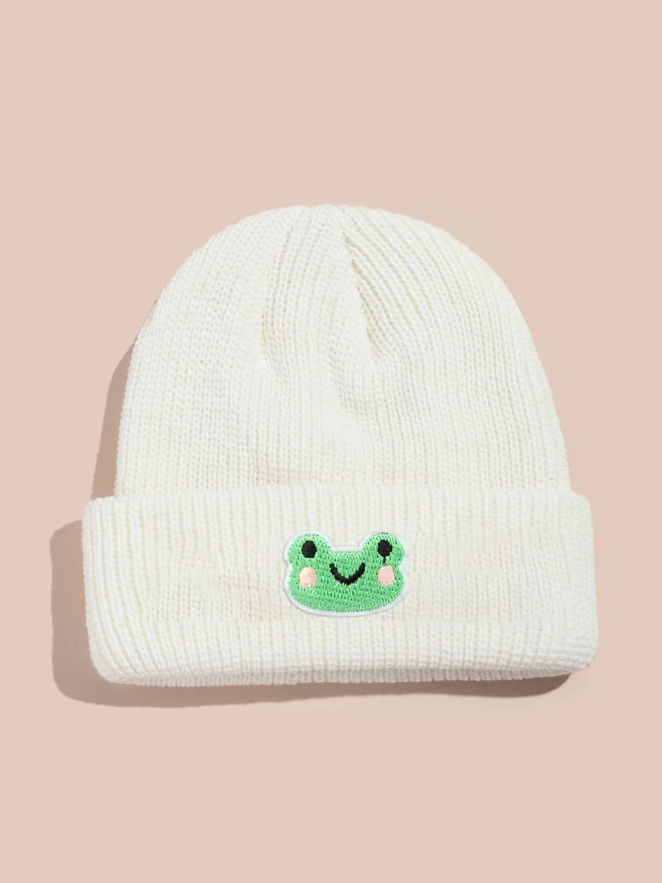卡通青蛙繡花針織帽,休閒風格 - 白色 - 查看 1