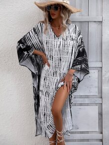 Allover Print Batwing Sleeve Split High Dress - Black and White - View 3
